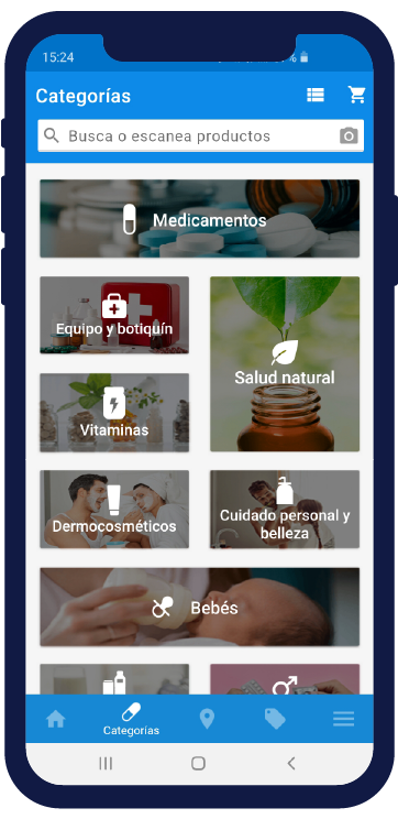 Pantalla smartphone con categorías app de farmacia