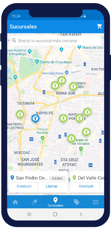 Pantalla de smartphone con mapa de ubicaciones